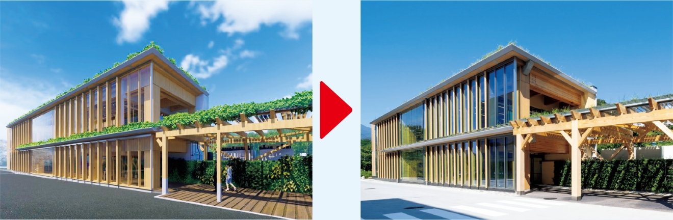 BIMで作成した3Dの図面と実際に出来上がった建物