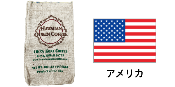 ハワイ・コナの麻袋と収穫できる国の国旗